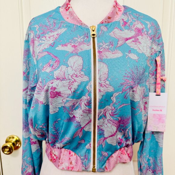 LOVESHACKFANCY X HURLEY UNDER THE SEA MERMAID METALLIC CROPPED BOMBER JACKET MD - Picture 2 of 11